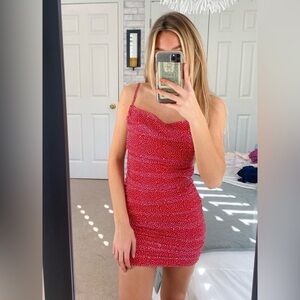 Oh Polly red polka dot cowl neck dress